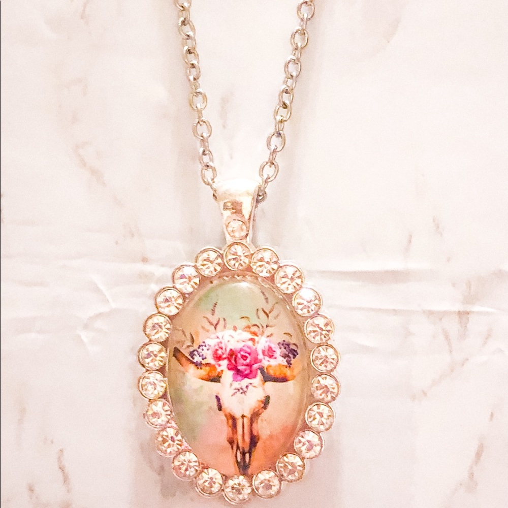 Floral Cow Skull Rhinestone Pendant Necklace